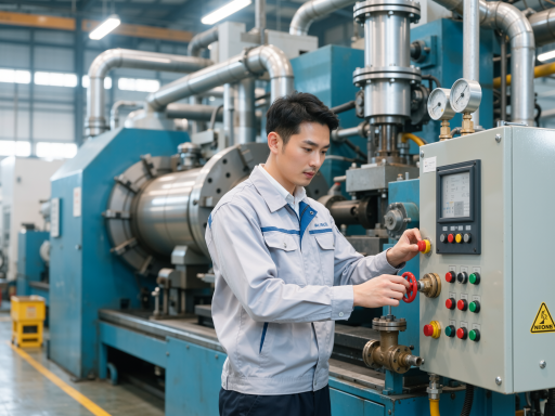 现代化机械制造工厂内部，工人正在操作大型机械设备，车间宽敞明亮，展现专业制造环境