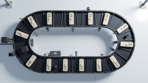 工业皮带输送机设备，黑色橡胶输送带，金属支架结构，展现专业输送设备外观