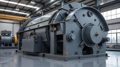 大型矿石破碎机设备，灰色金属机身，现代化工业设计，展现强大破碎能力