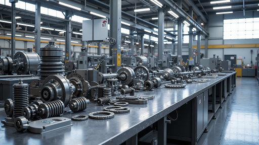 大型工业机械设备，灰色金属质感，现代化厂房背景，多台重型机械设备整齐排列，展现专业制造实力